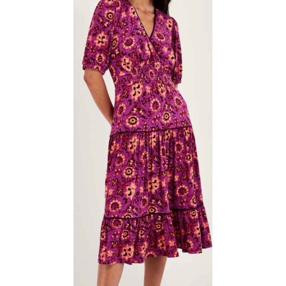 Monsoon Purple‎ Floral Midi Dress Smocked Waist Boho Romantic UK 14 US 10